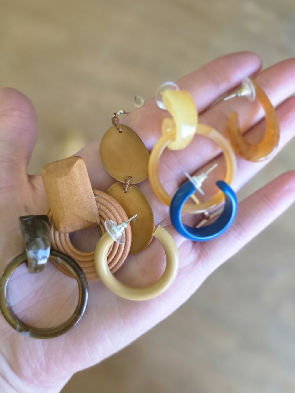 Lot Of 7 Pairs Artsy Earrings Acrylic Wood Coconut Drop Hoops